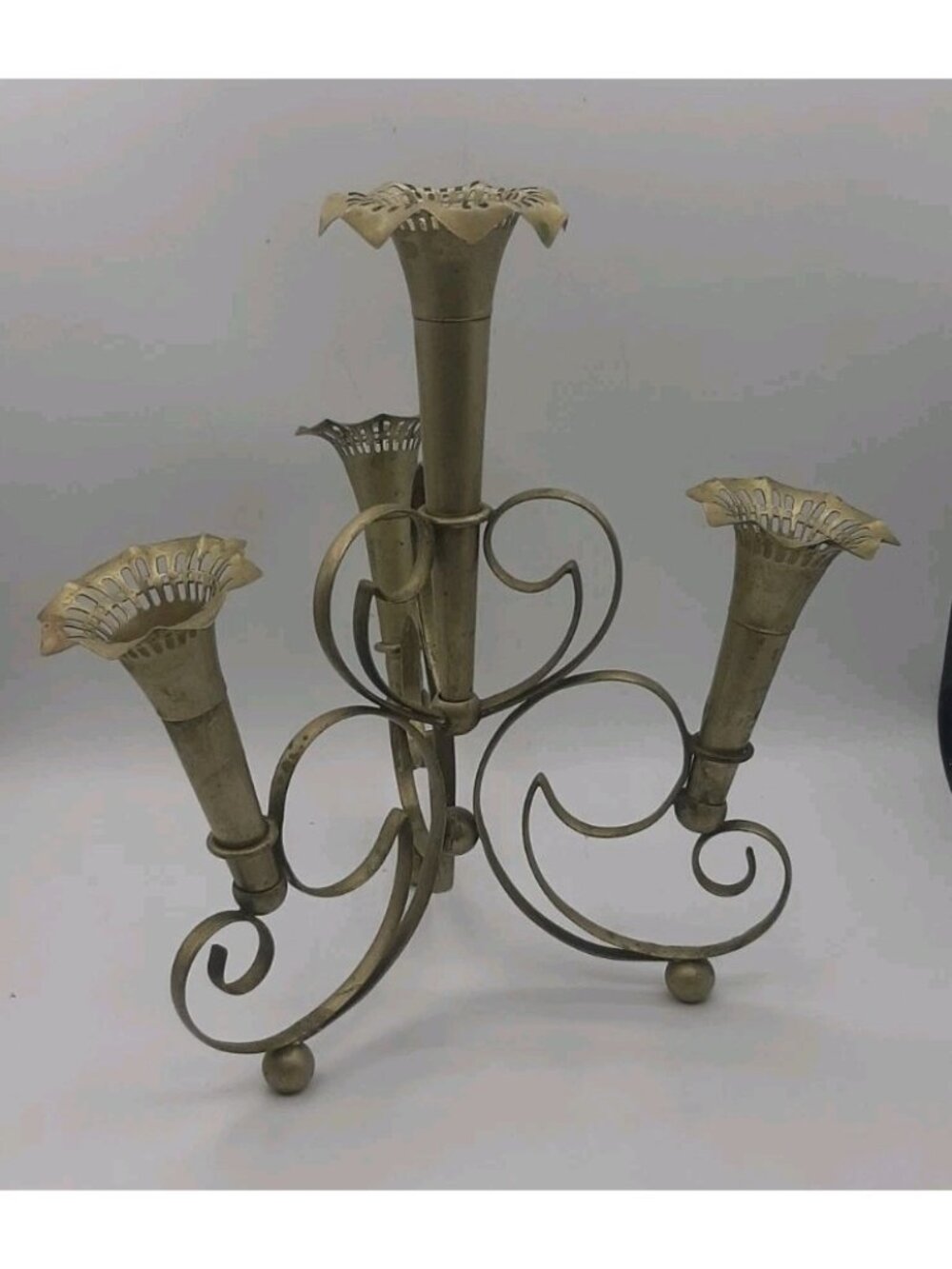 Vintage Trumpet Centerpiece or Metal Epergne Epsn Scrollwork Removable Flutes
